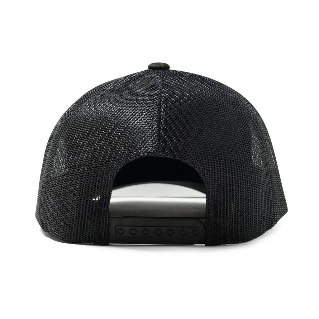mesh black back of hat with adjustable snapback closure 