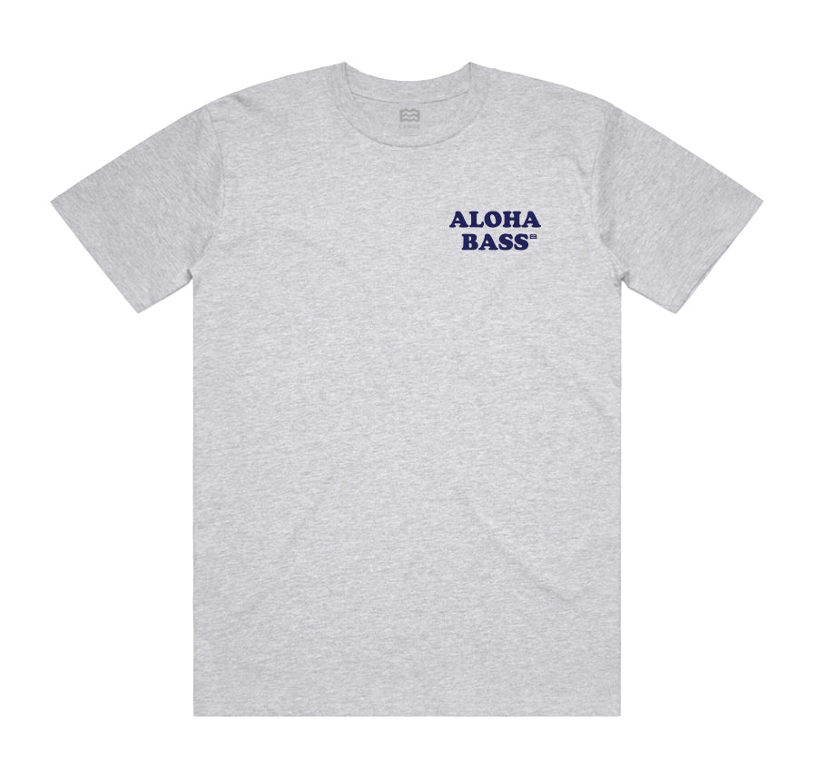 front of gray t-shirt with aloha bass on pocket 