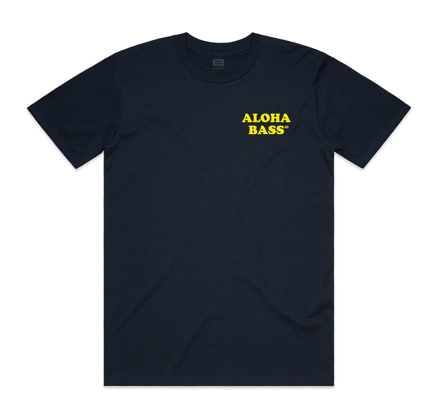 front of navy t-shirt with aloha bass on pocket 
