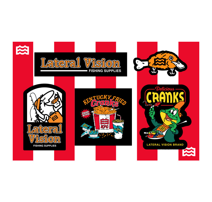 5 pack of lateral vision cranks and delivery guy stickers 