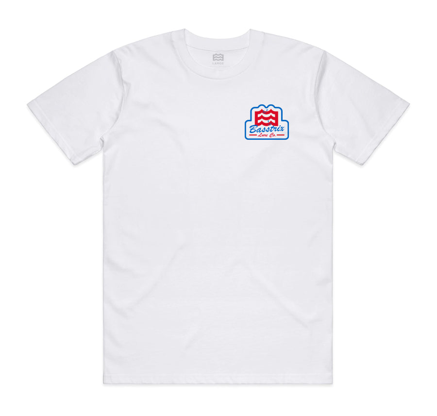 front of white t-shirt with Basstrix and wave logo design on pocket 