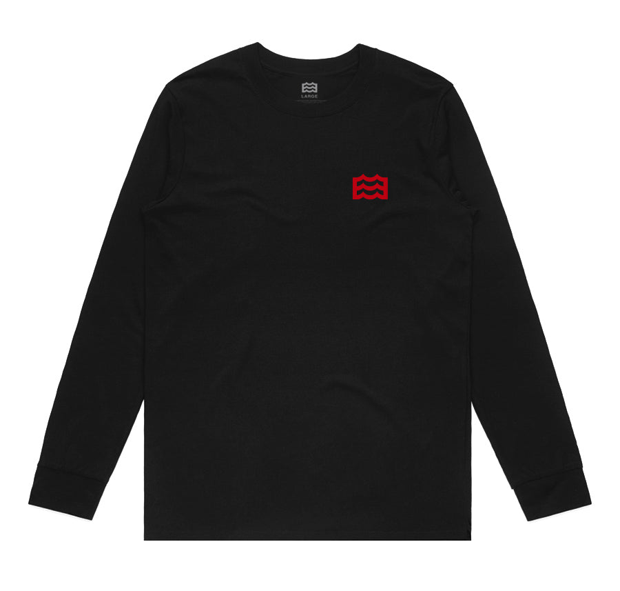 front of black long sleeve with red wave logo on pocket