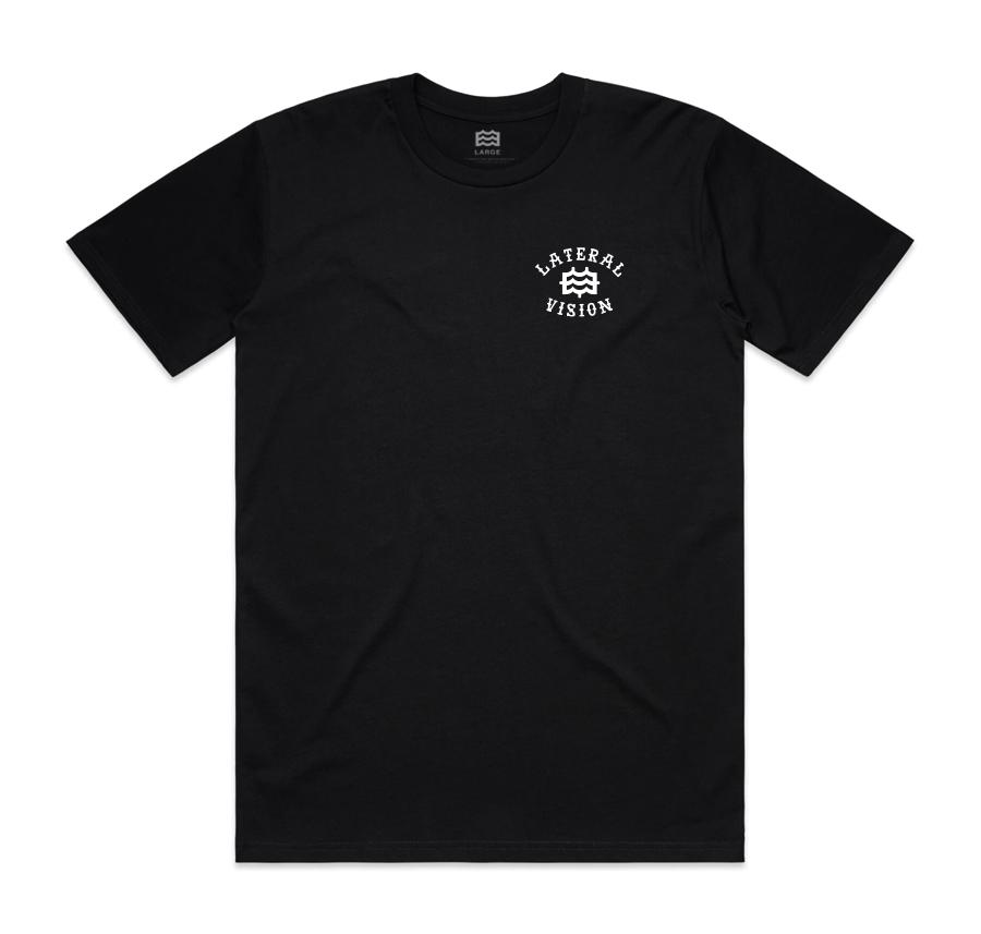 front of black t-shirt with lateral vision name and logo on pocket 