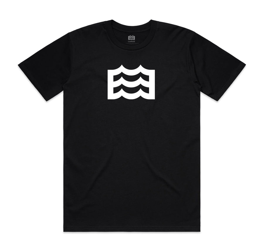 black t-shirt with white wave logo
