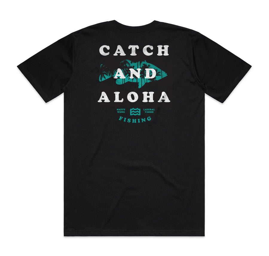 black t-shirt with "catch and aloha" fish design