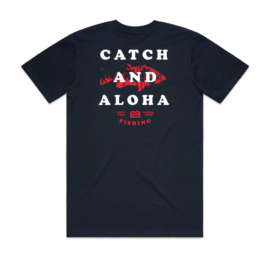 navy t-shirt with "catch and aloha" fish design