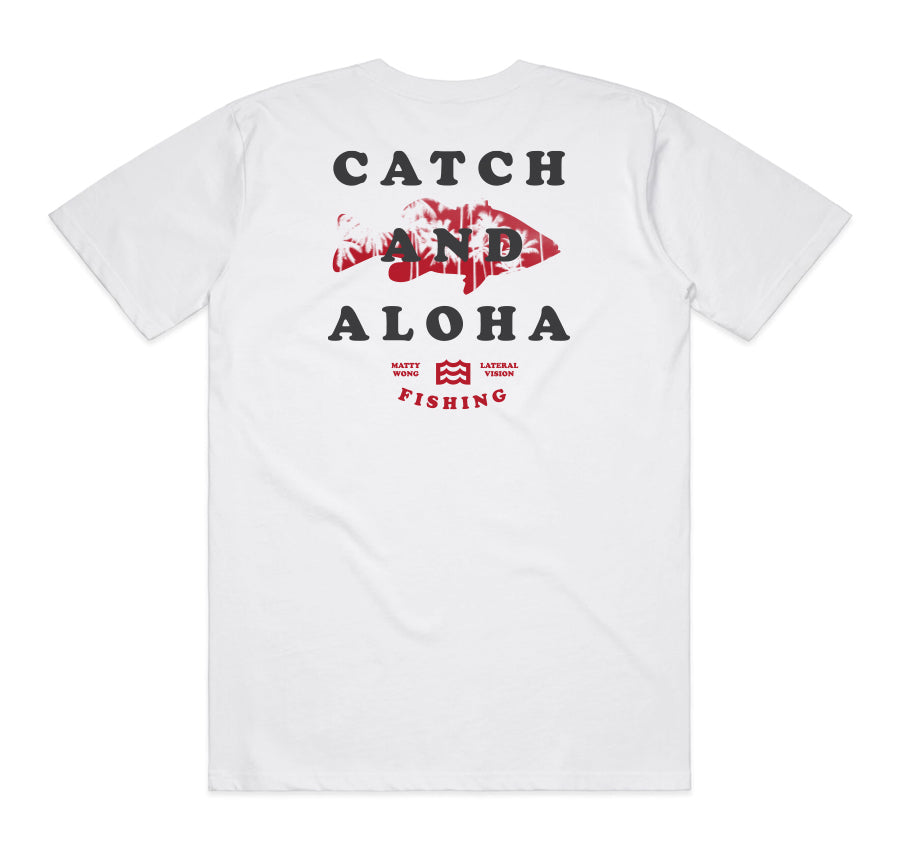 white t-shirt with "catch and aloha" fish design 