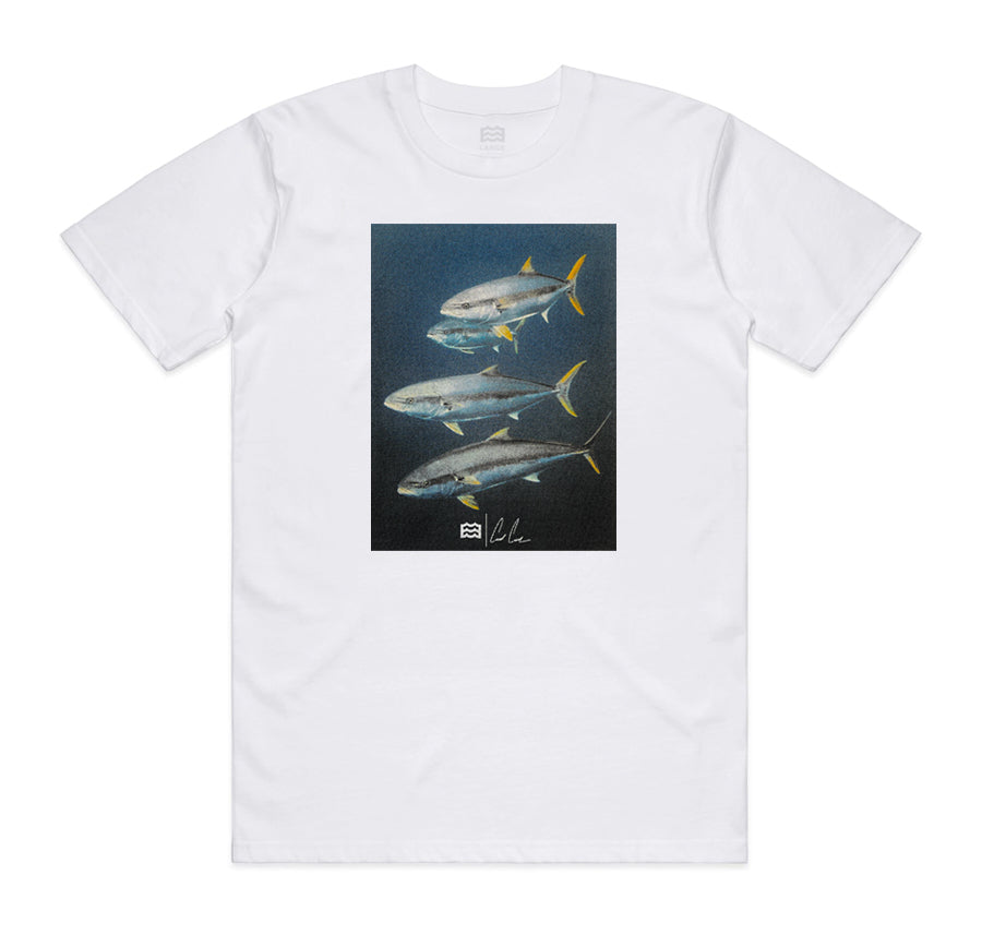 white t-shirt with picture of yellow tail