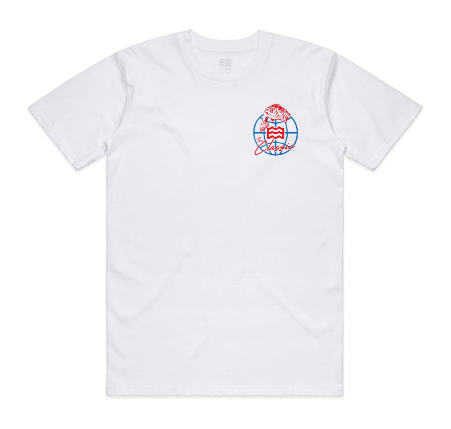 front of white t-shirt with fish and wave logo master classic design on pocket