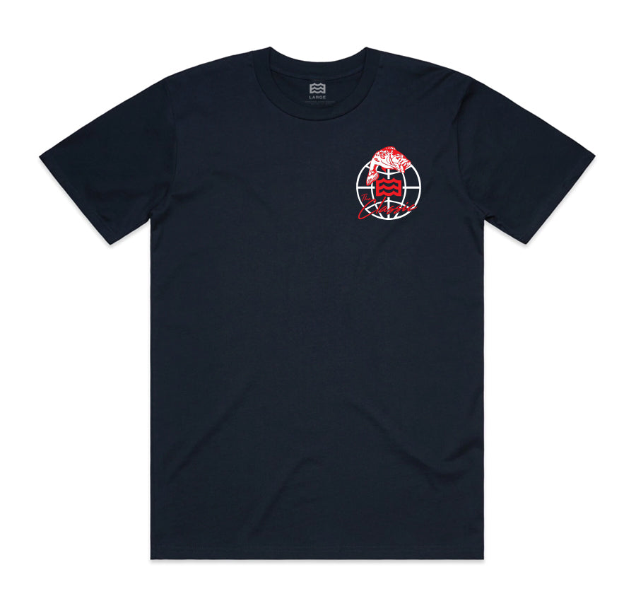 front of navy t-shirt with fish and wave logo master classic design on pocket