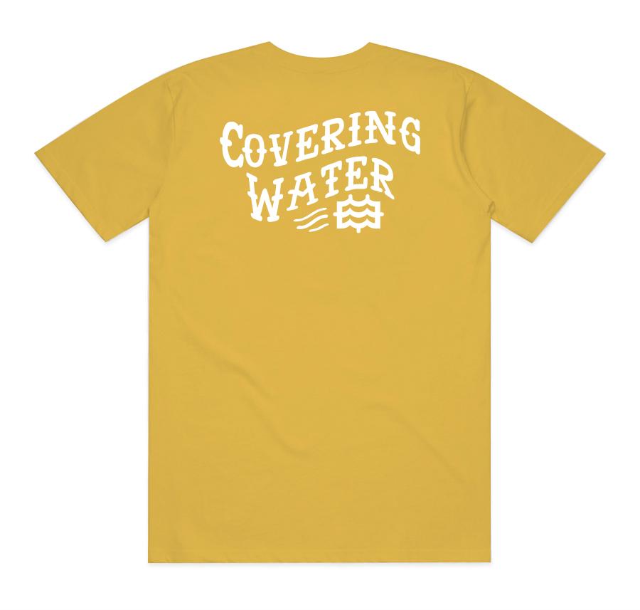 back of gold t-shirt with lateral vision covering water design