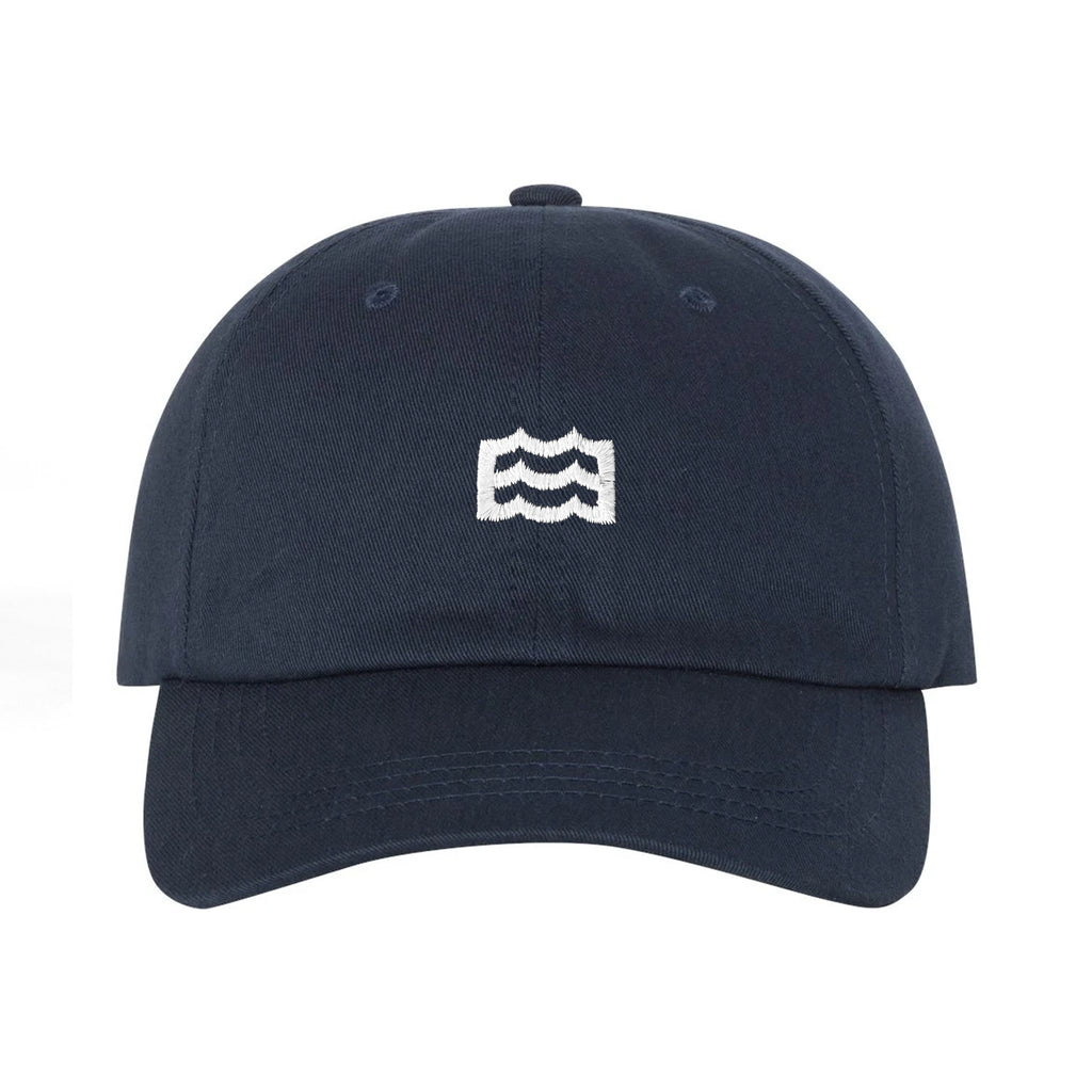 navy hat with white woven wave logo
