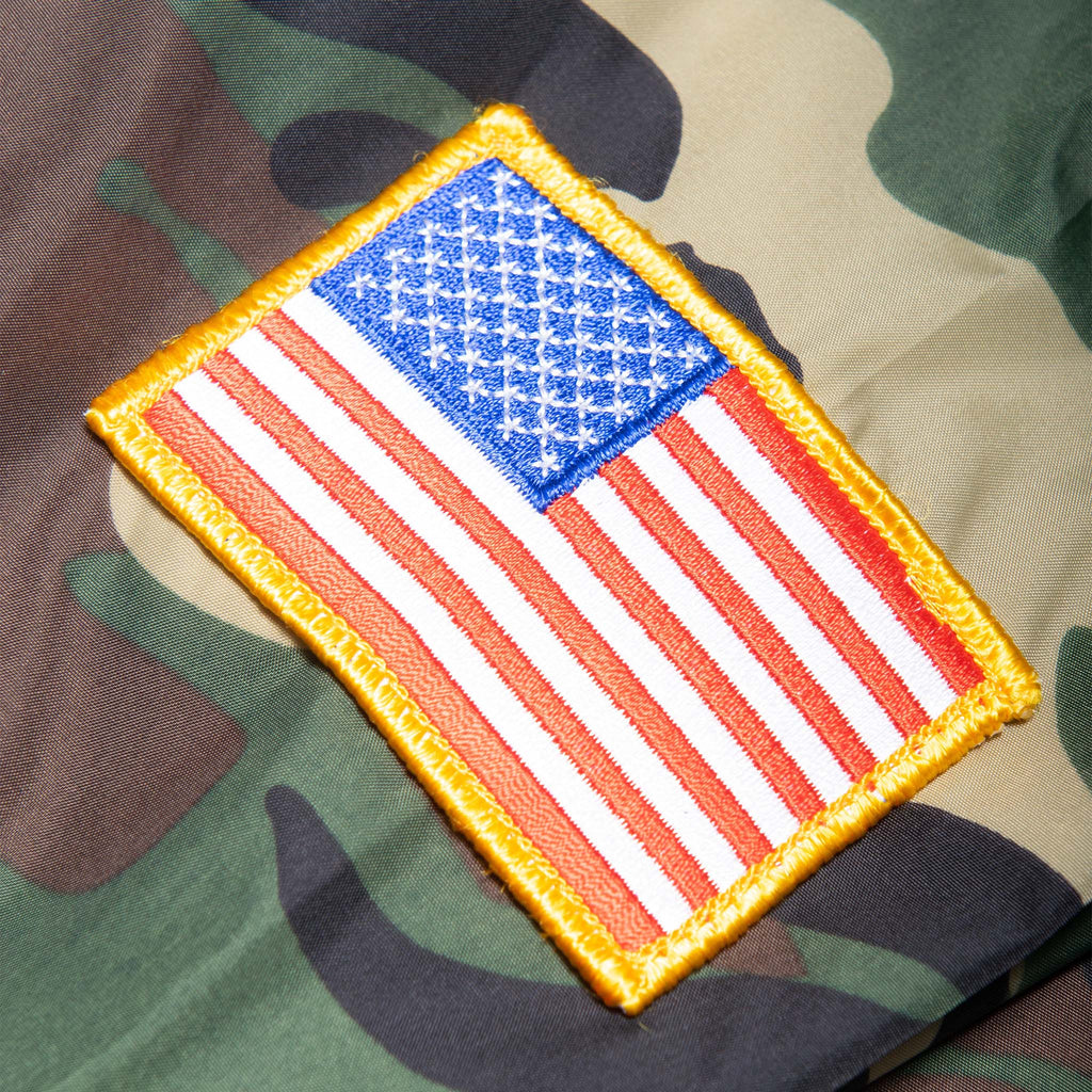 close up of american flag patch on sleeve