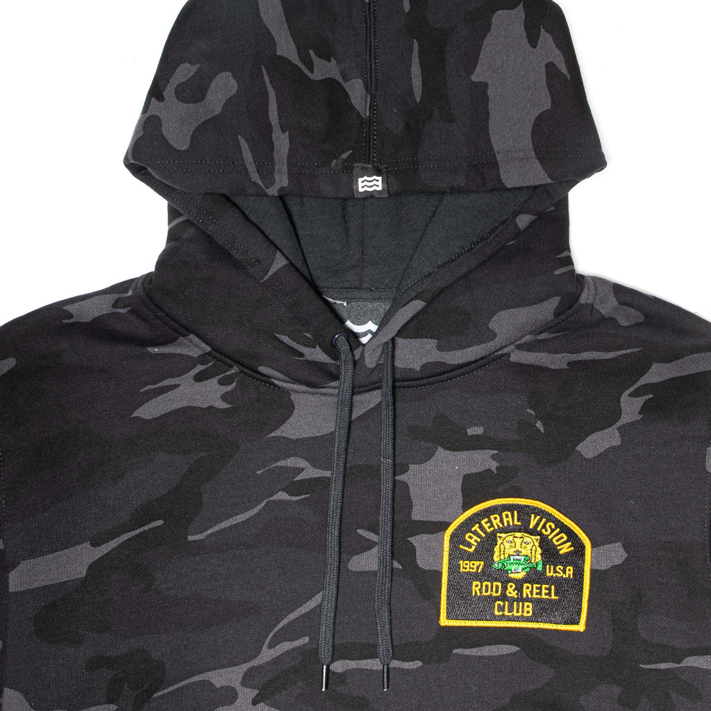 close up of upper portion of black camouflaged hoodie