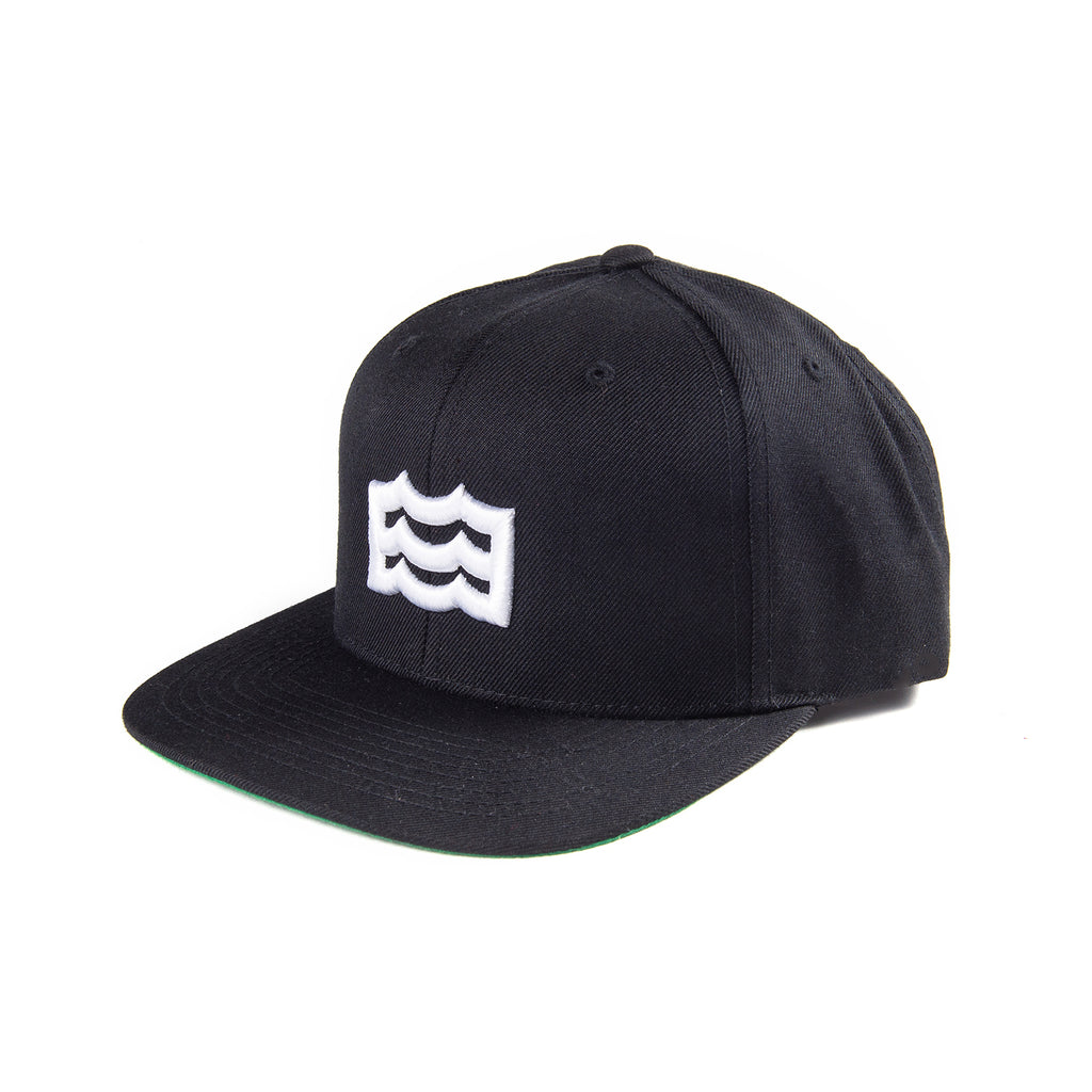 black snapback with white woven wave logo
