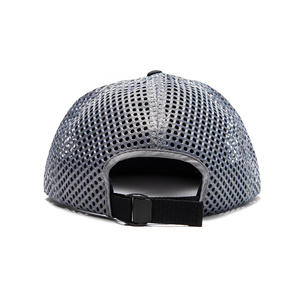 charcoal mesh back of hat with adjust pack webbing backstrap 