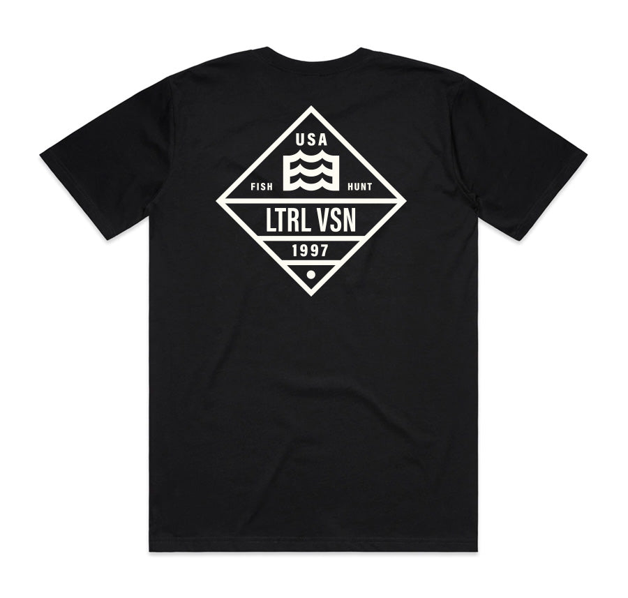 black t-shirt with lateral vision USA 1997 wave logo in diamond design