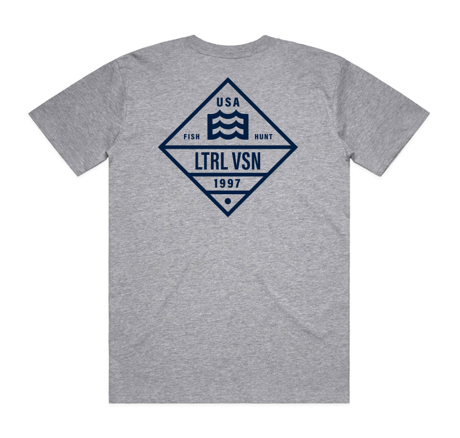gray t-shirt with lateral vision USA 1997 wave logo in diamond design