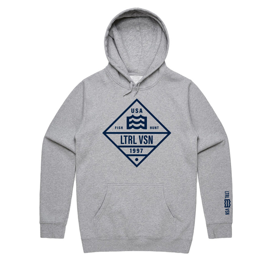 gray hoodie with lateral vision USA 1997 wave logo in diamond design 