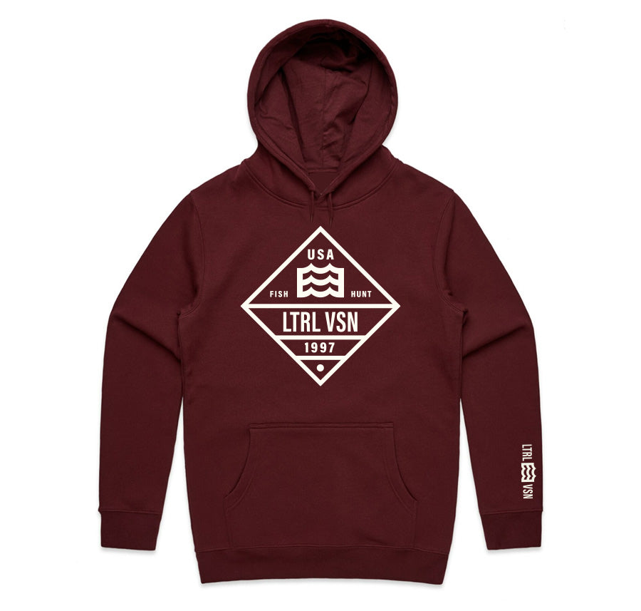 maroon hoodie with lateral vision USA 1997 wave logo in diamond design