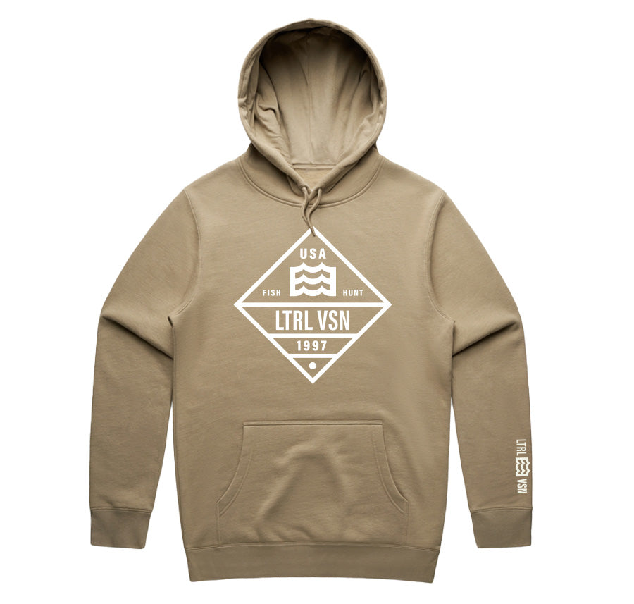 tan hoodie with lateral vision USA 1997 wave logo in diamond design