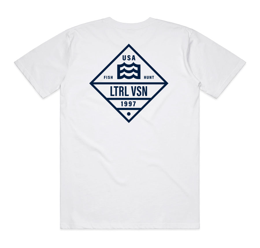 white t-shirt with lateral vision USA 1997 wave logo in diamond design