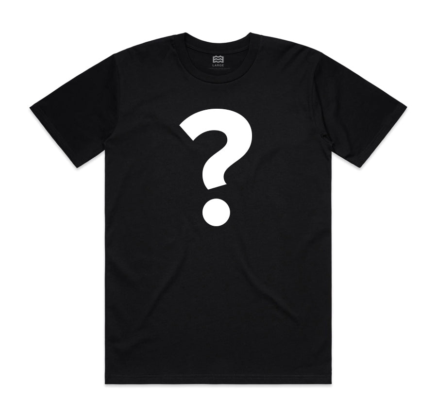 black t-shirt with white question mark