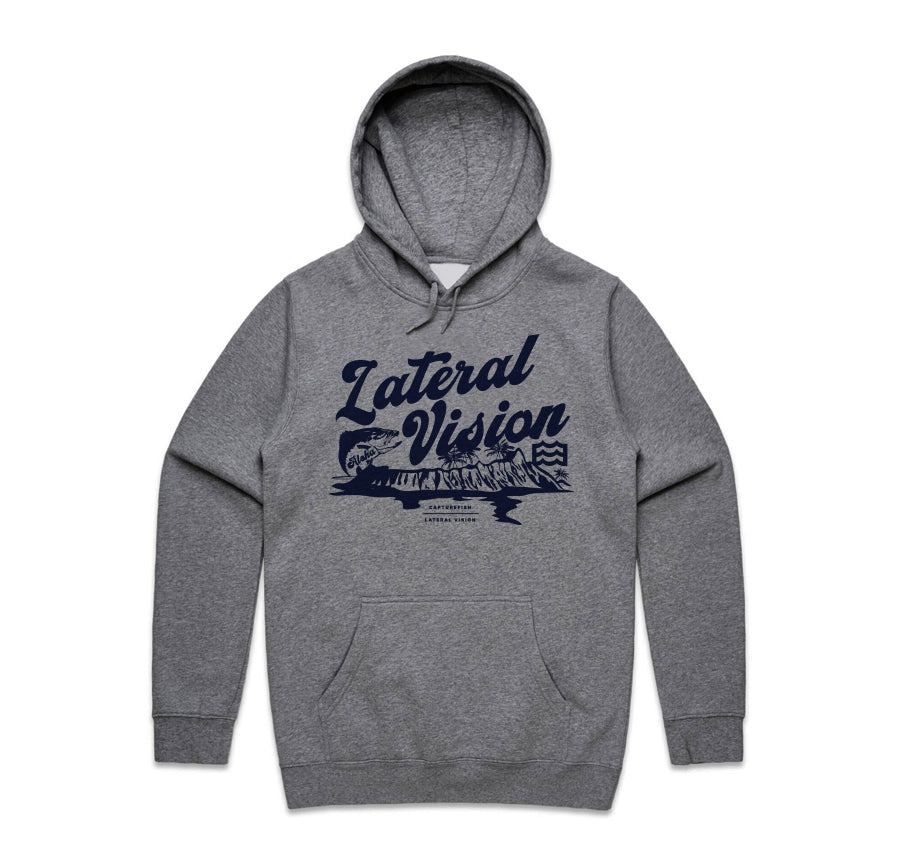 heather gunmetal hoodie with lateral vision hawaii graphic 