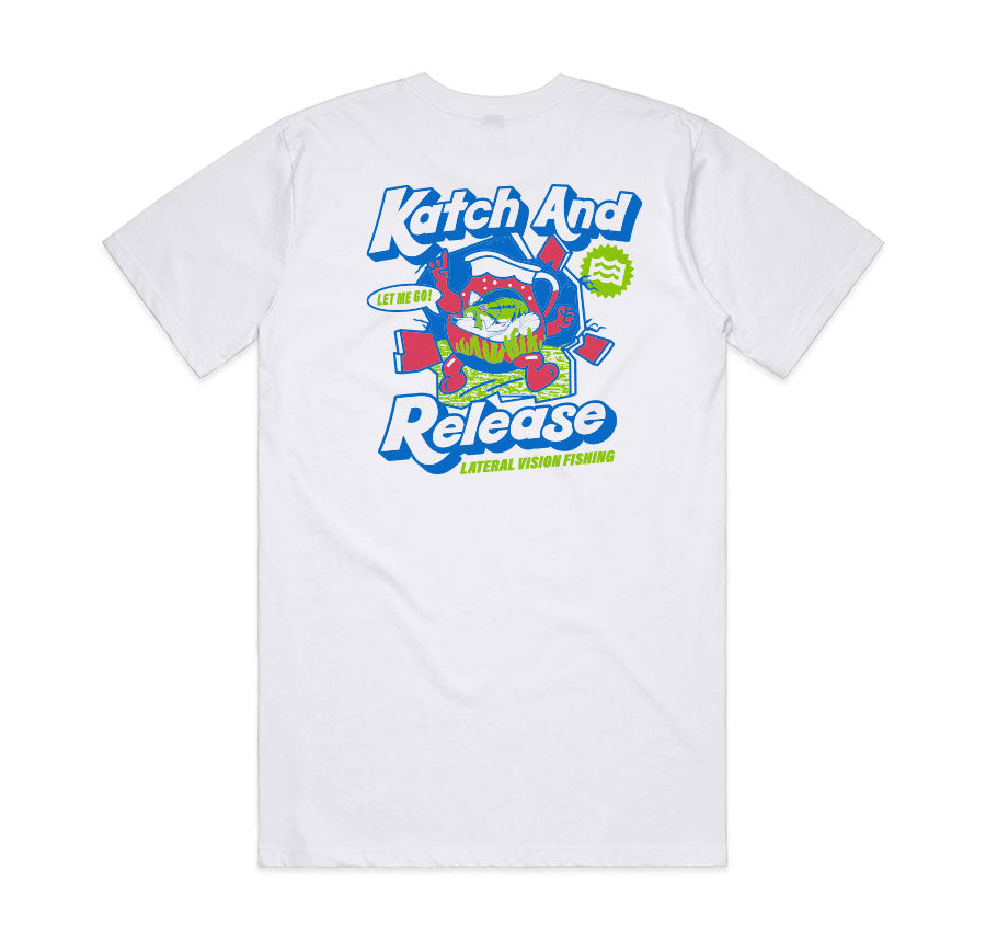 white Katch and Release t-shirt with fish in walking pitcher graphic