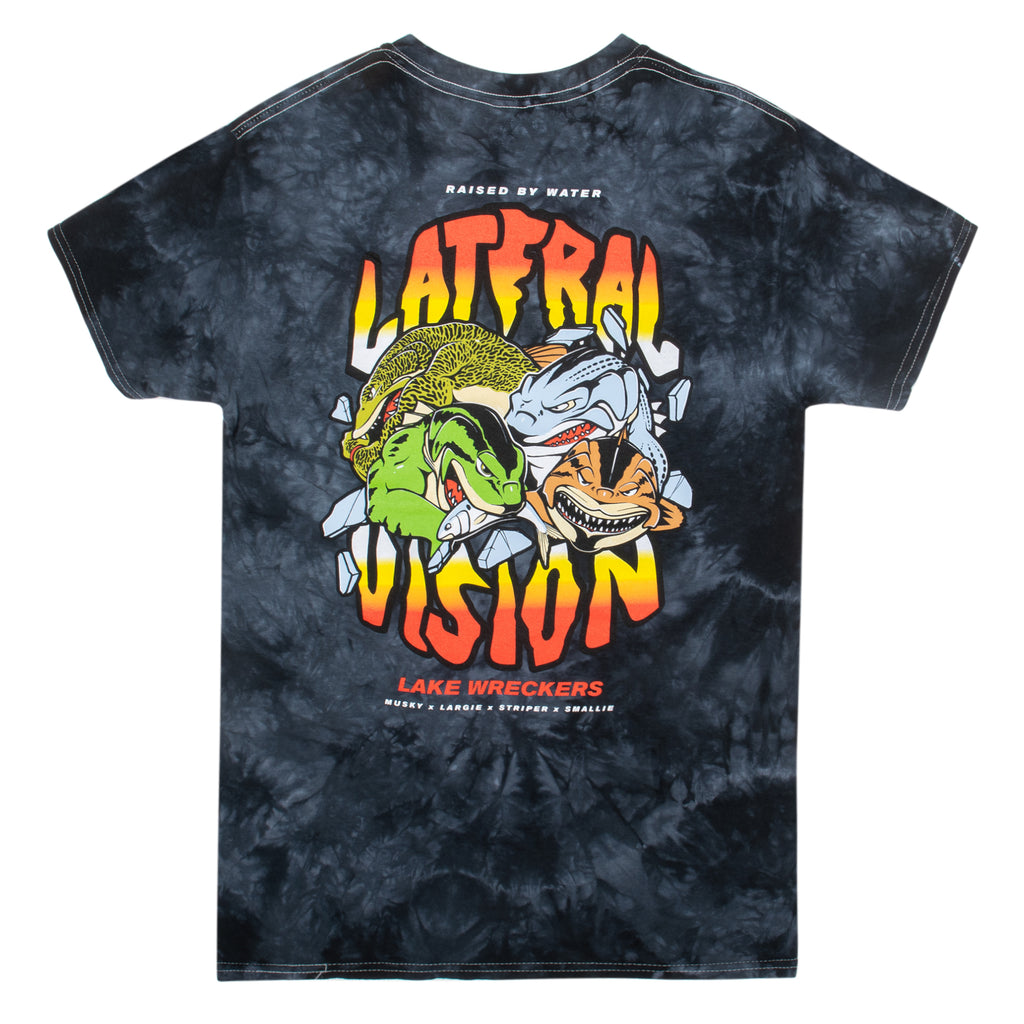 crystal tie dye lake wreckers t-shirt with characters largemouth, smallmouth, stripper and musky graphic