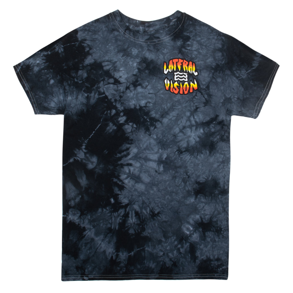 front of crystal tie dye t-shirt with lake wreckers lateral vision design on pocket