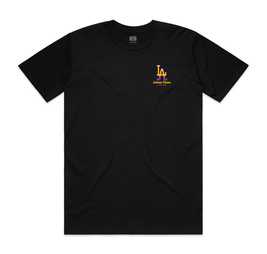 front of black t-shirt with "LA" wearing shoes graphic on pocket
