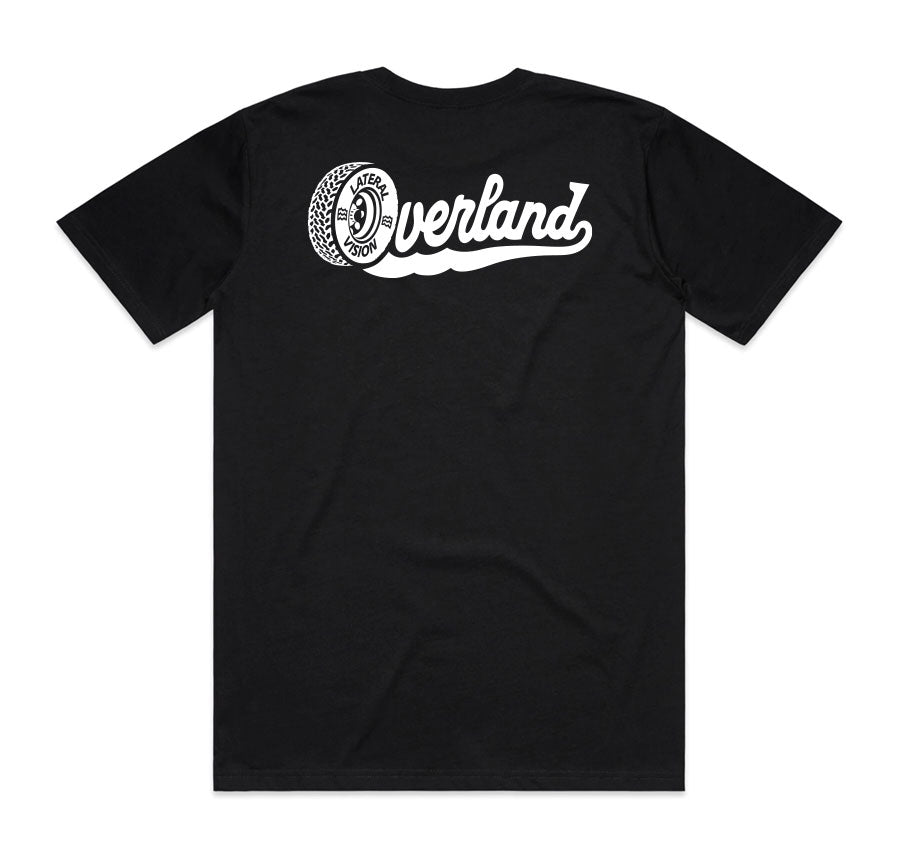 black t-shirt with lateral vision overland script