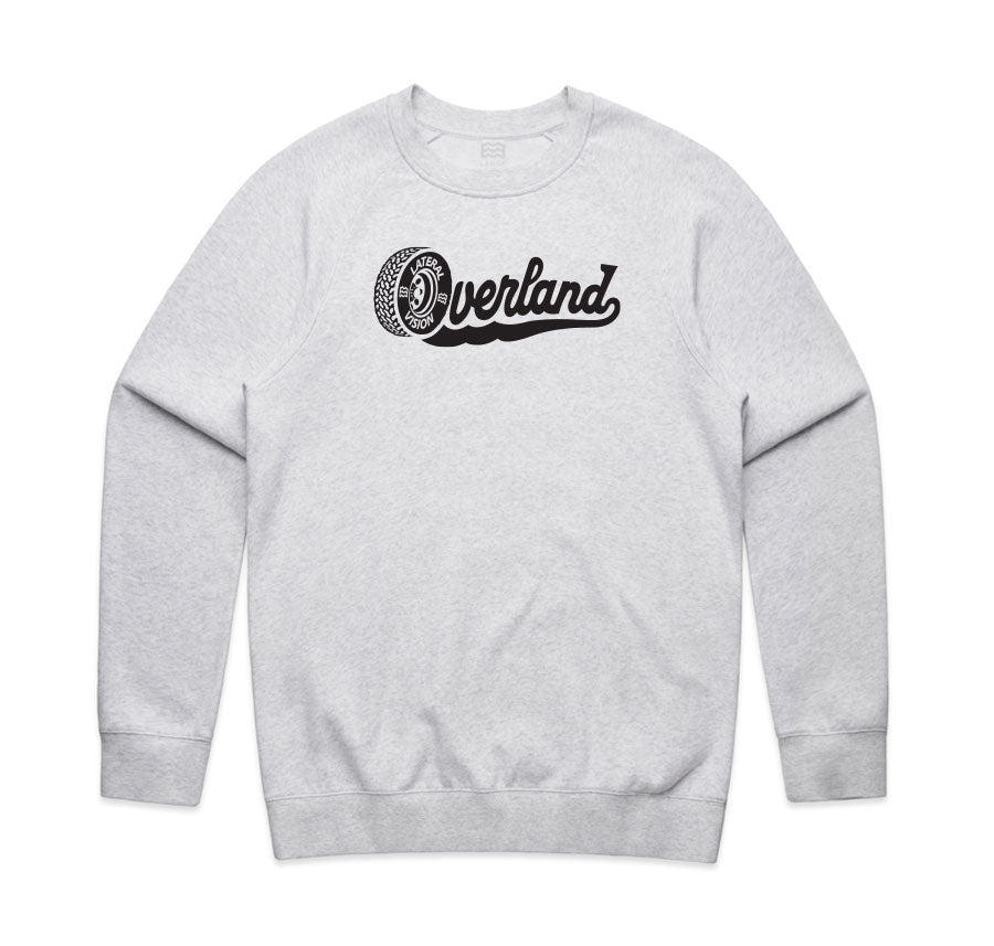 gray crewneck with lateral vision overland script