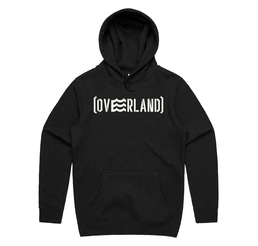 black hoodie with Overland logo
