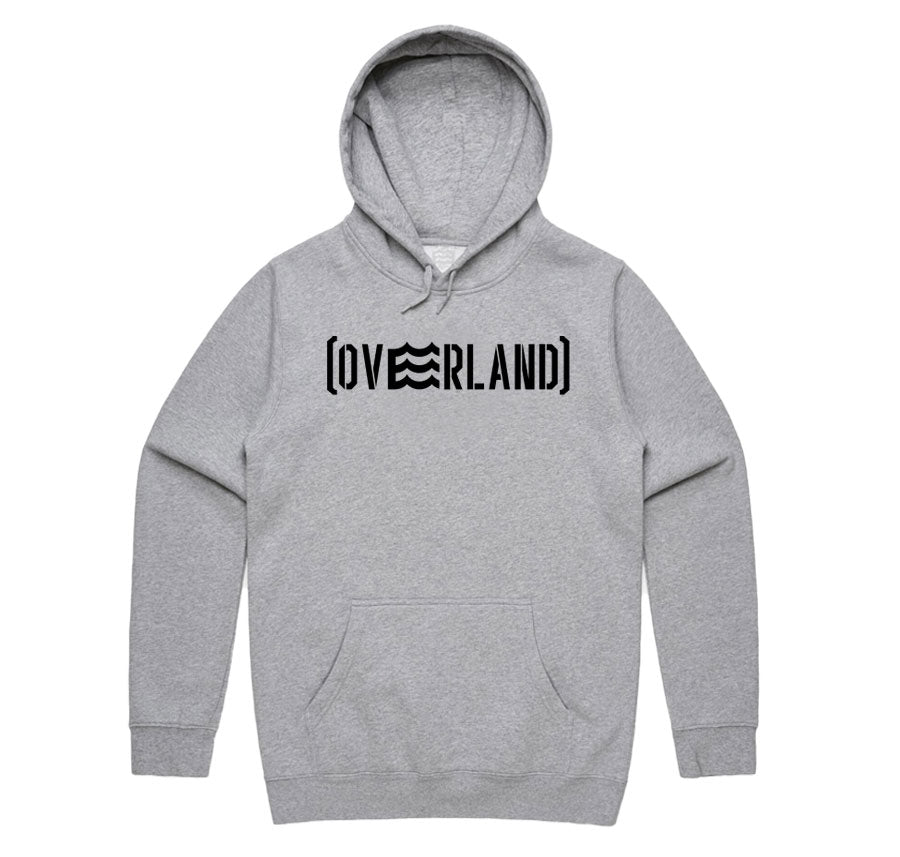 gray hoodie with overland logo