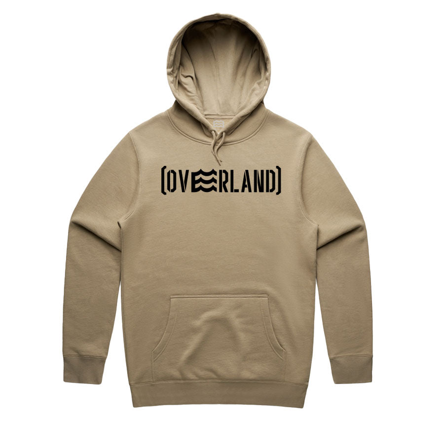 tan hoodie with overland logo