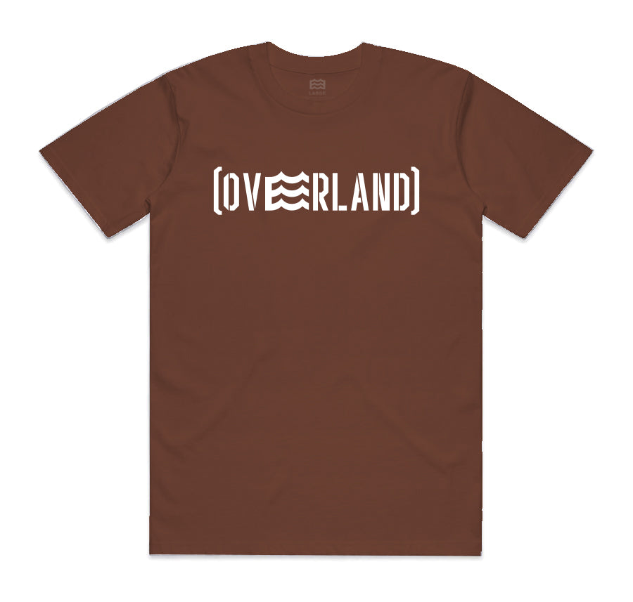 brown t-shirt with overland logo