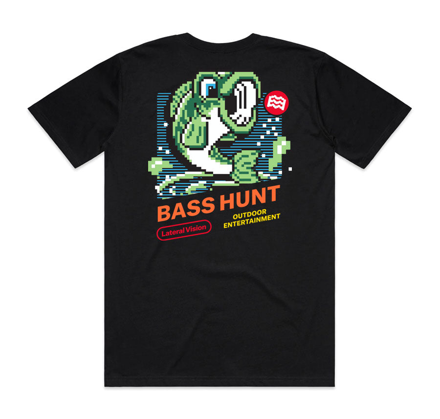 lateral vision bass hunt t-shirt graphic of pixelated bass out of water 