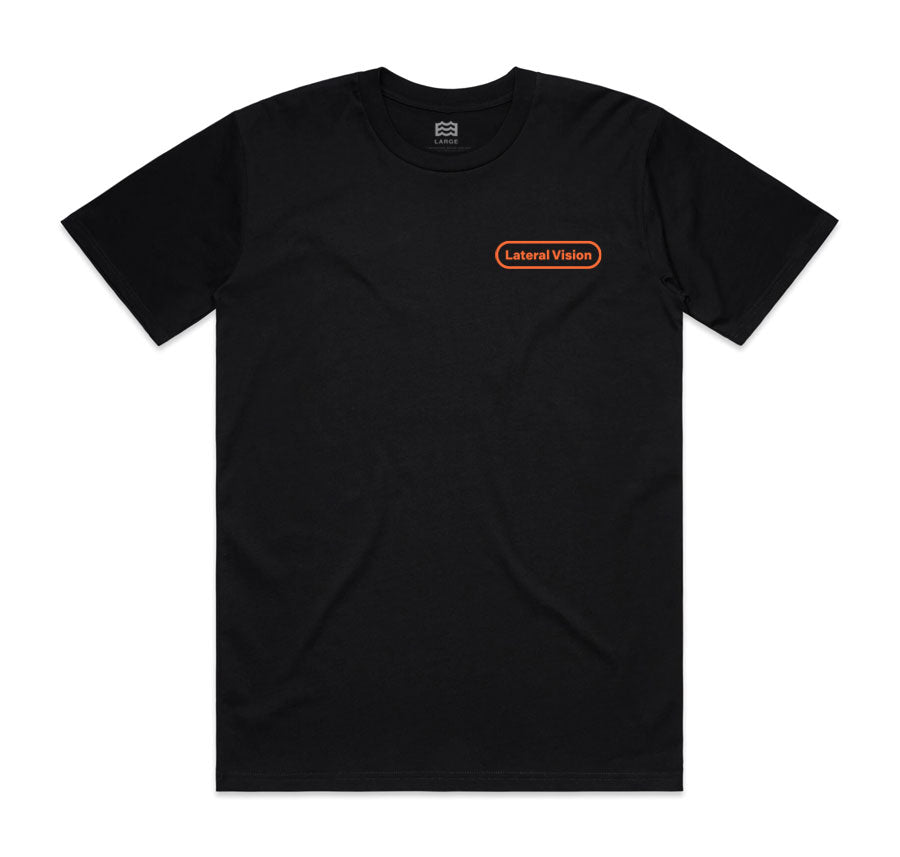 front of black t-shirt with lateral vision on pocket 