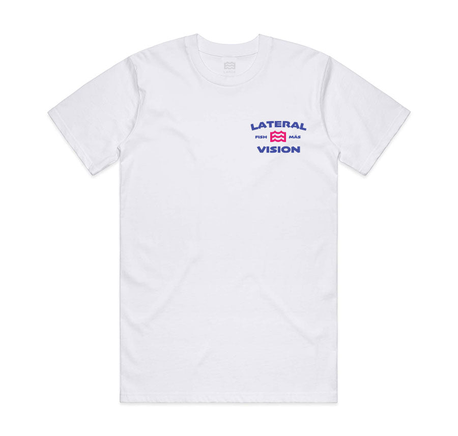 front of white t-shirt with lateral vision logo and fish mas on pocket