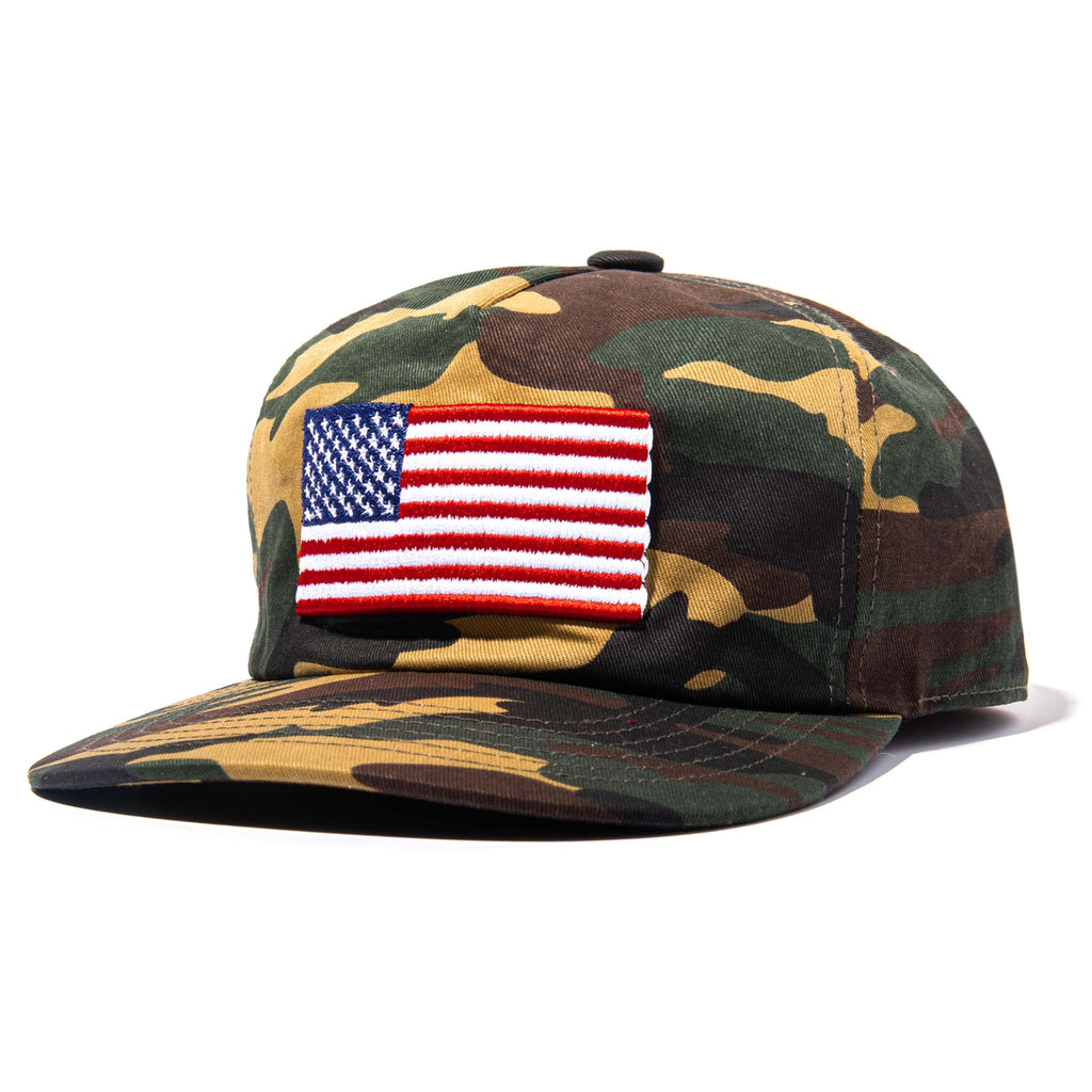 camouflaged snapback hat with American flag on it