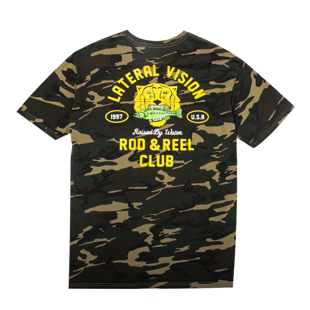green camouflaged t-shirt with lateral vision rod & reel club graphic