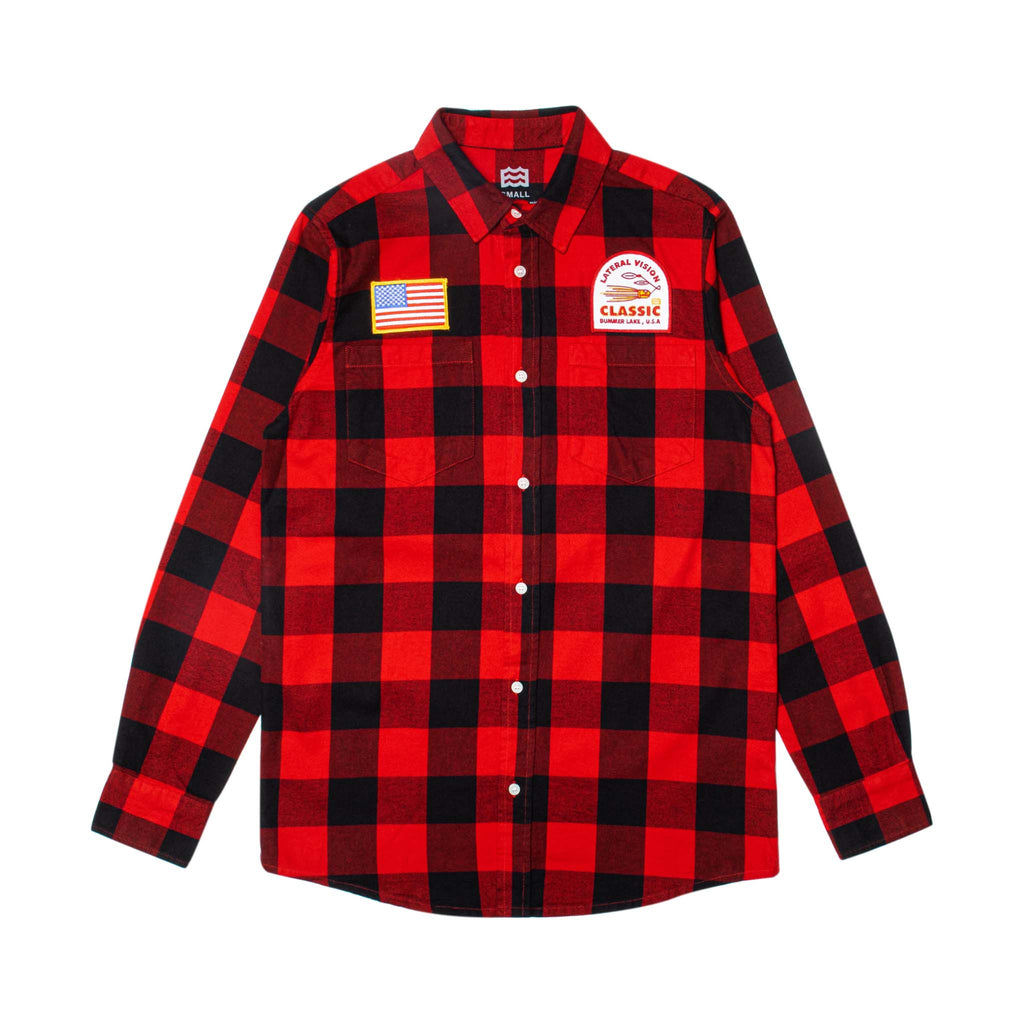 red and black flannel with lateral vision classic patch and American flag patch on pockets  