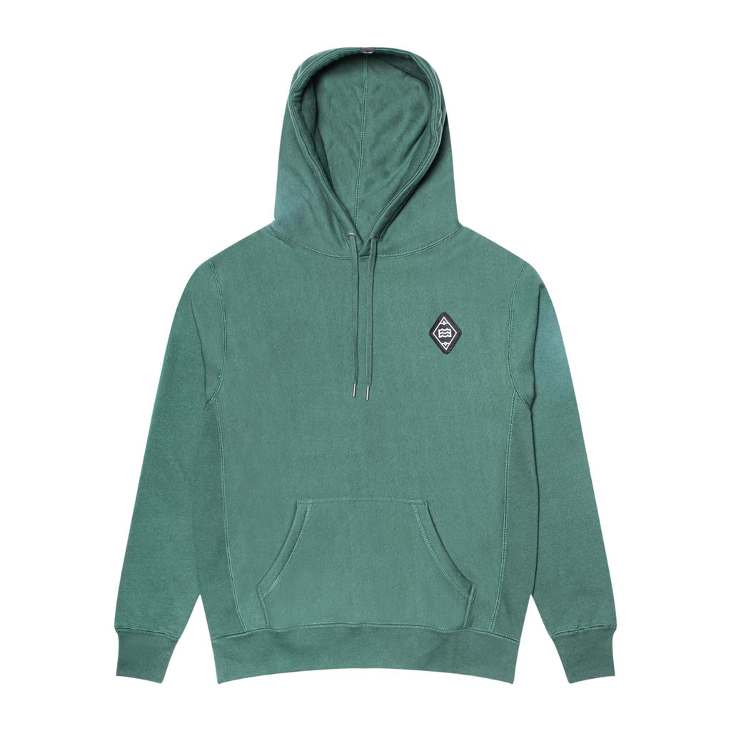 green heavy weight hoodie with wave logo on pocket and hood rim