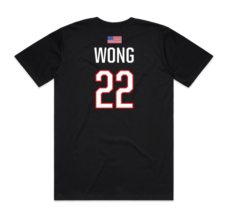 black jersey t-shirt with "Wong" above number twenty two