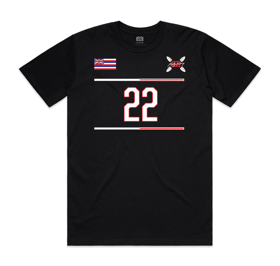 front of black jersey t-shirt with number twenty two, matty wong, and united kingdom flag designs 