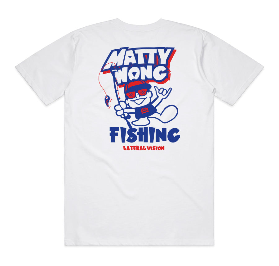 white matty wong fishing t-shirt with man holding fishing pole graphic 