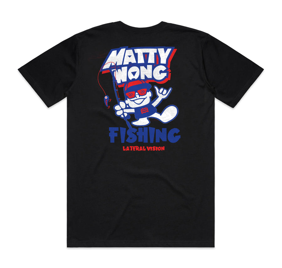 black matty wong fishing t-shirt with man holding fishing pole graphic