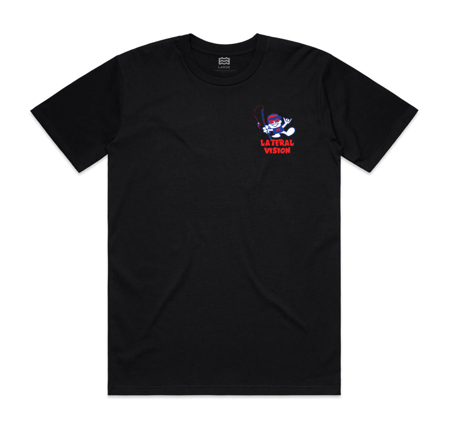 front of black t-shirt with lateral vision name and man holding fishing pole graphic on pocket